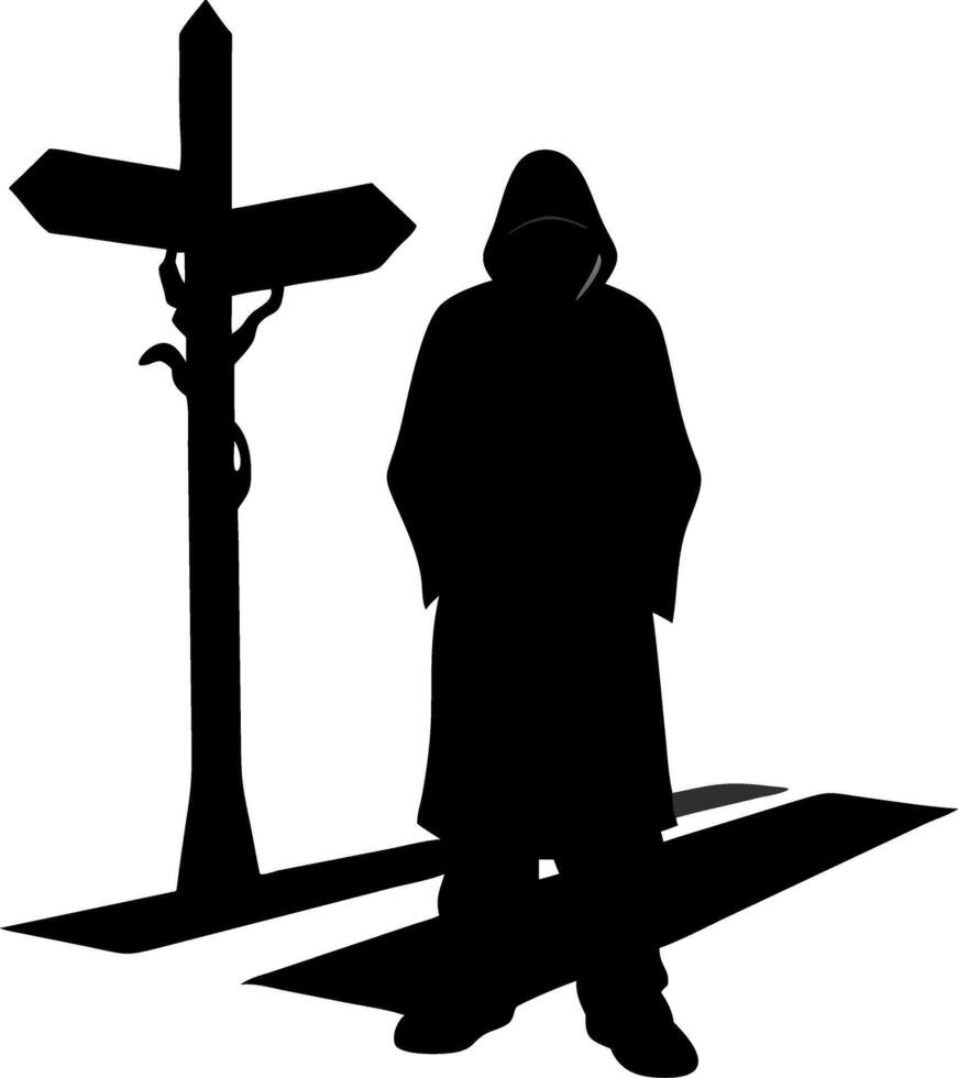 Mysterious Hooded Figure by Directional Signpost Silhouette Art vector