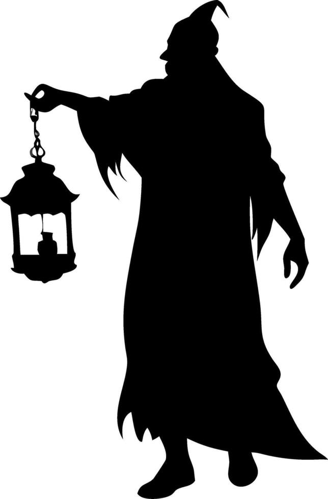 Mysterious Hooded Figure Holding Vintage Lantern Silhouette Art vector