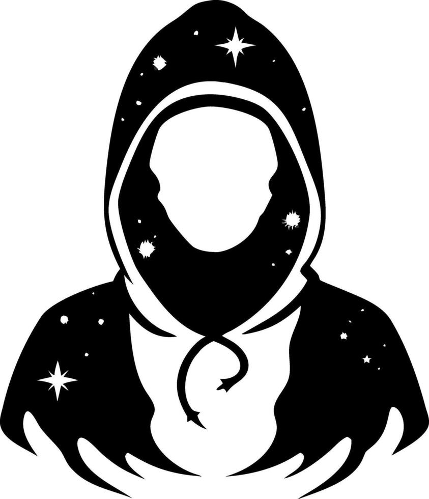 Mysterious Hooded Figure Silhouette with Starry Night Elements Illustration vector