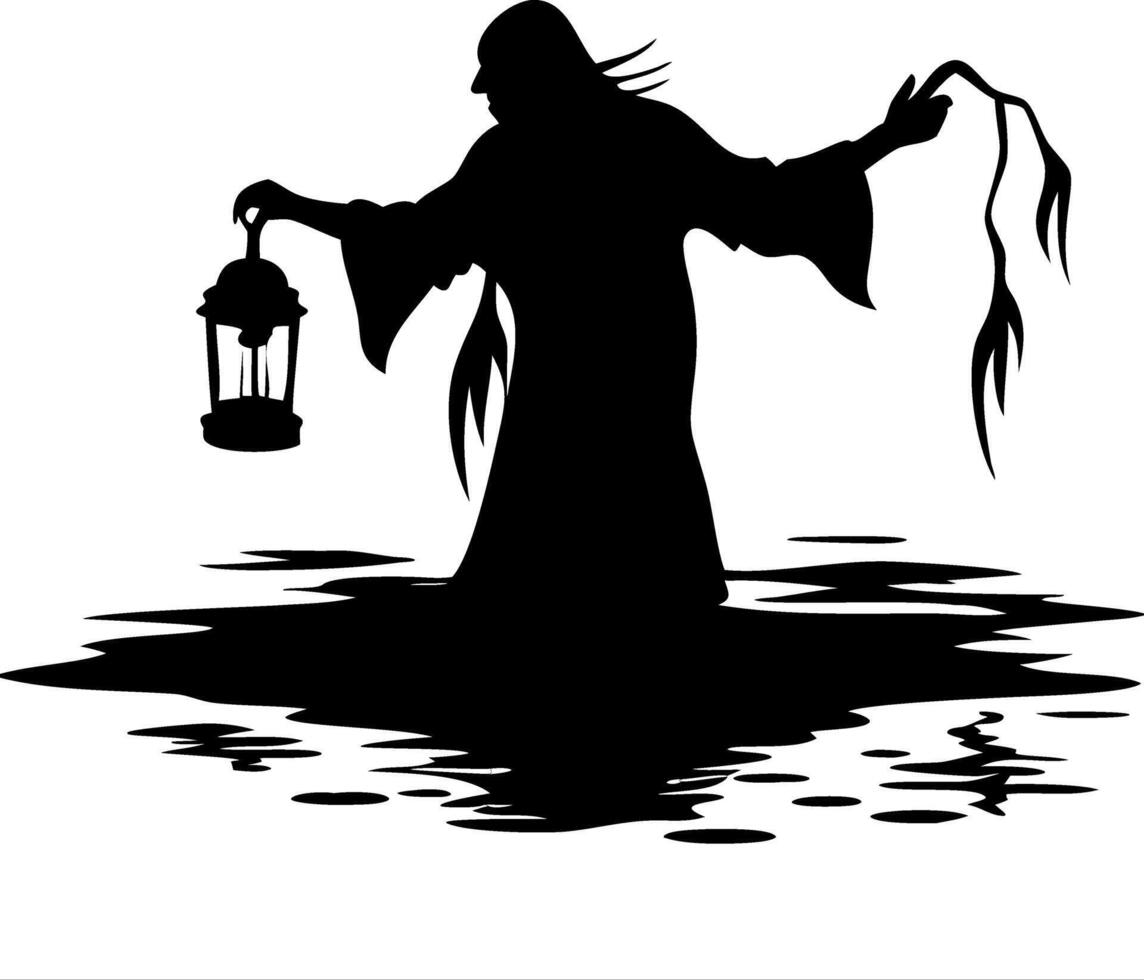Mysterious Hooded Figure with Lantern Silhouette over Water vector