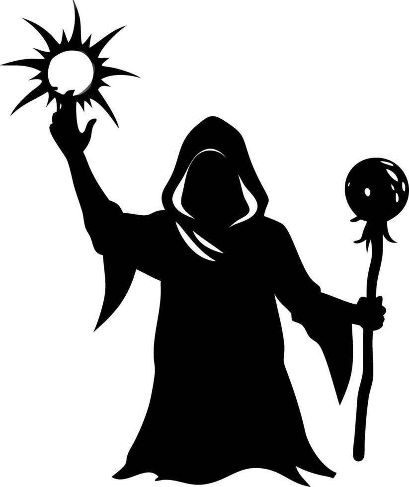 Mysterious Hooded Wizard Silhouette Casting Spells Art vector