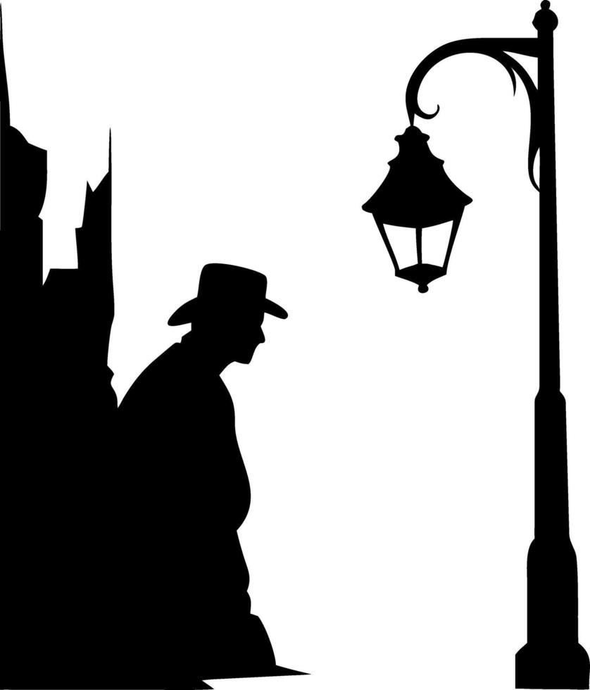 Mysterious Man Silhouette with Hat and Street Lamp Art vector