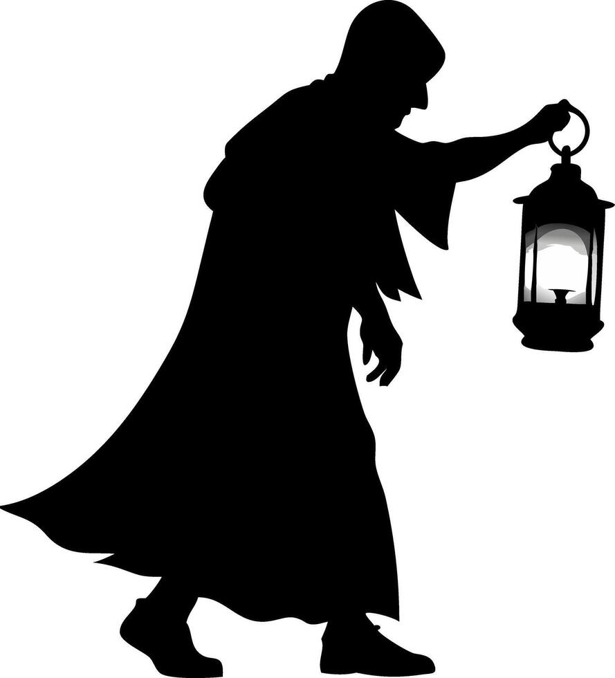 Mysterious Silhouette of Hooded Figure Holding Lantern Illustration vector