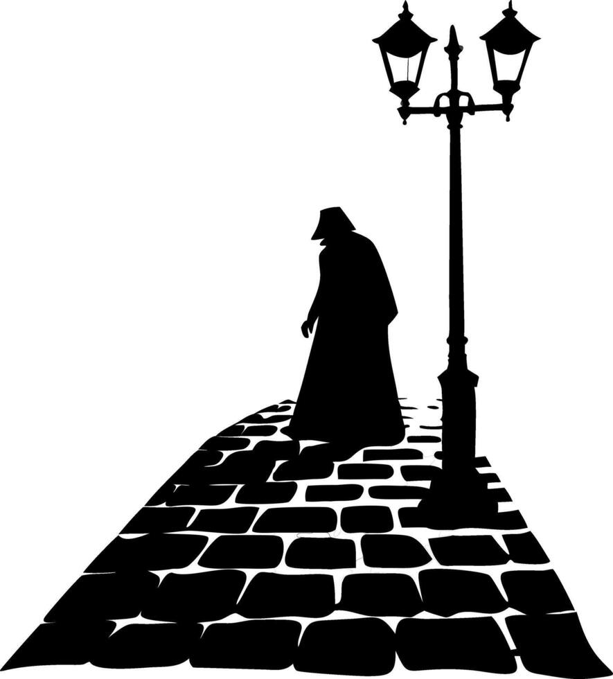 Mysterious Silhouette Man Walking Cobblestone Street Under Vintage Streetlamp at Night vector