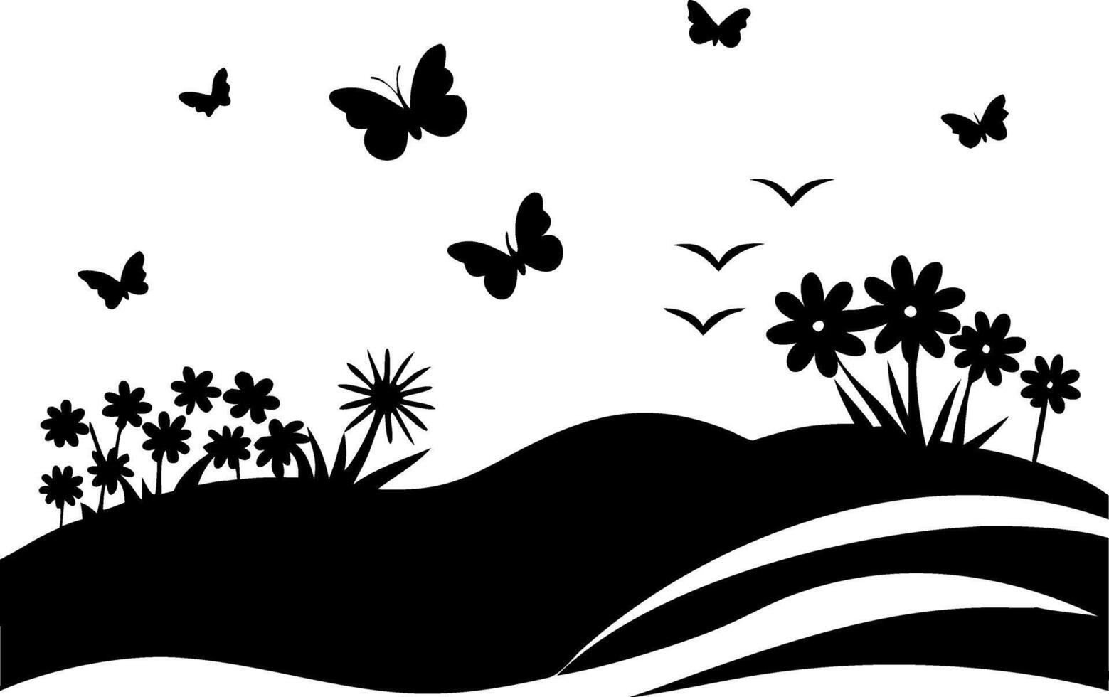 Nature Silhouette Landscape with Butterflies and Flowers for Wall Art and Design vector