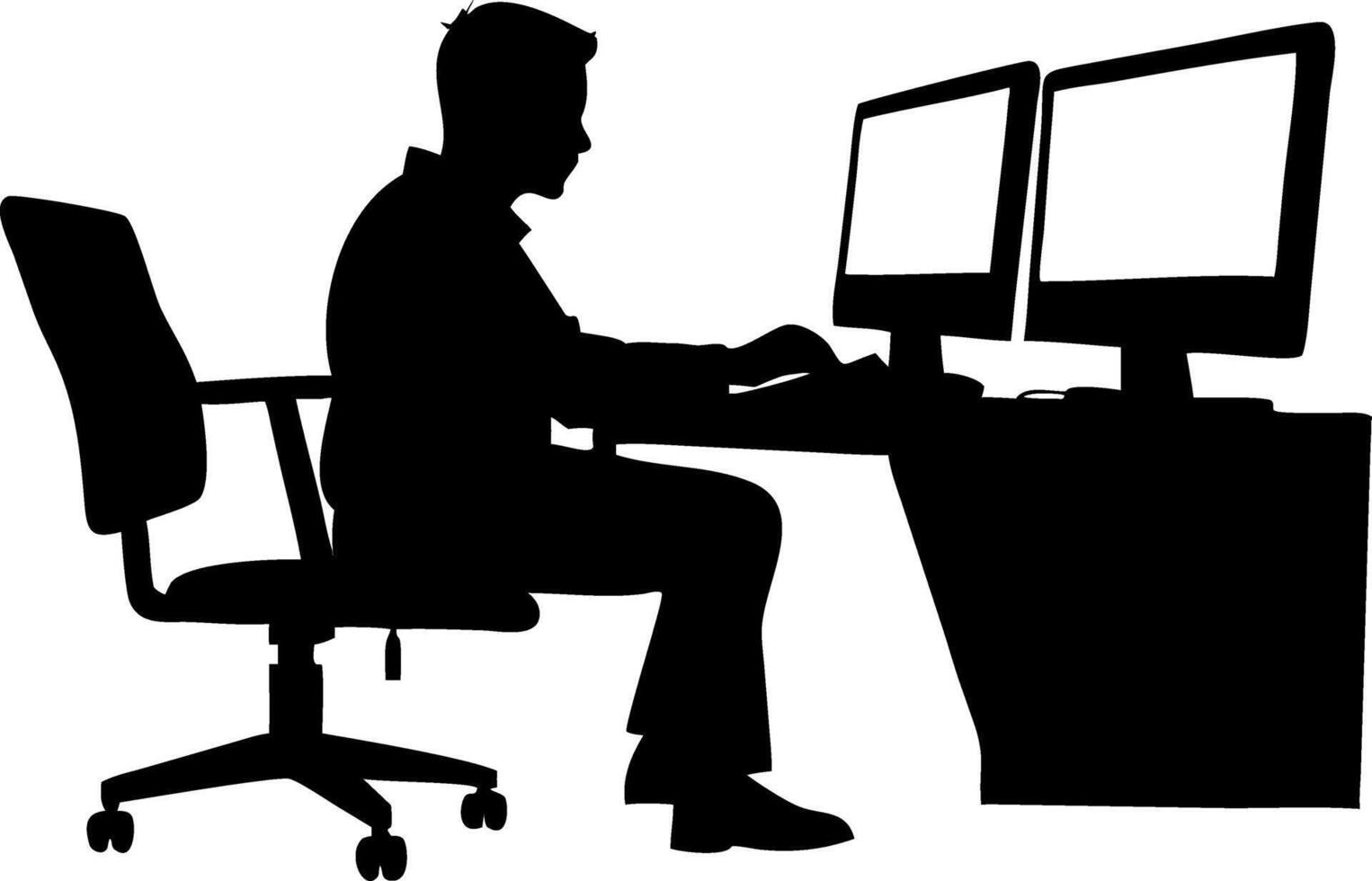Office Worker at Desk with Dual Monitors Silhouette Illustration vector