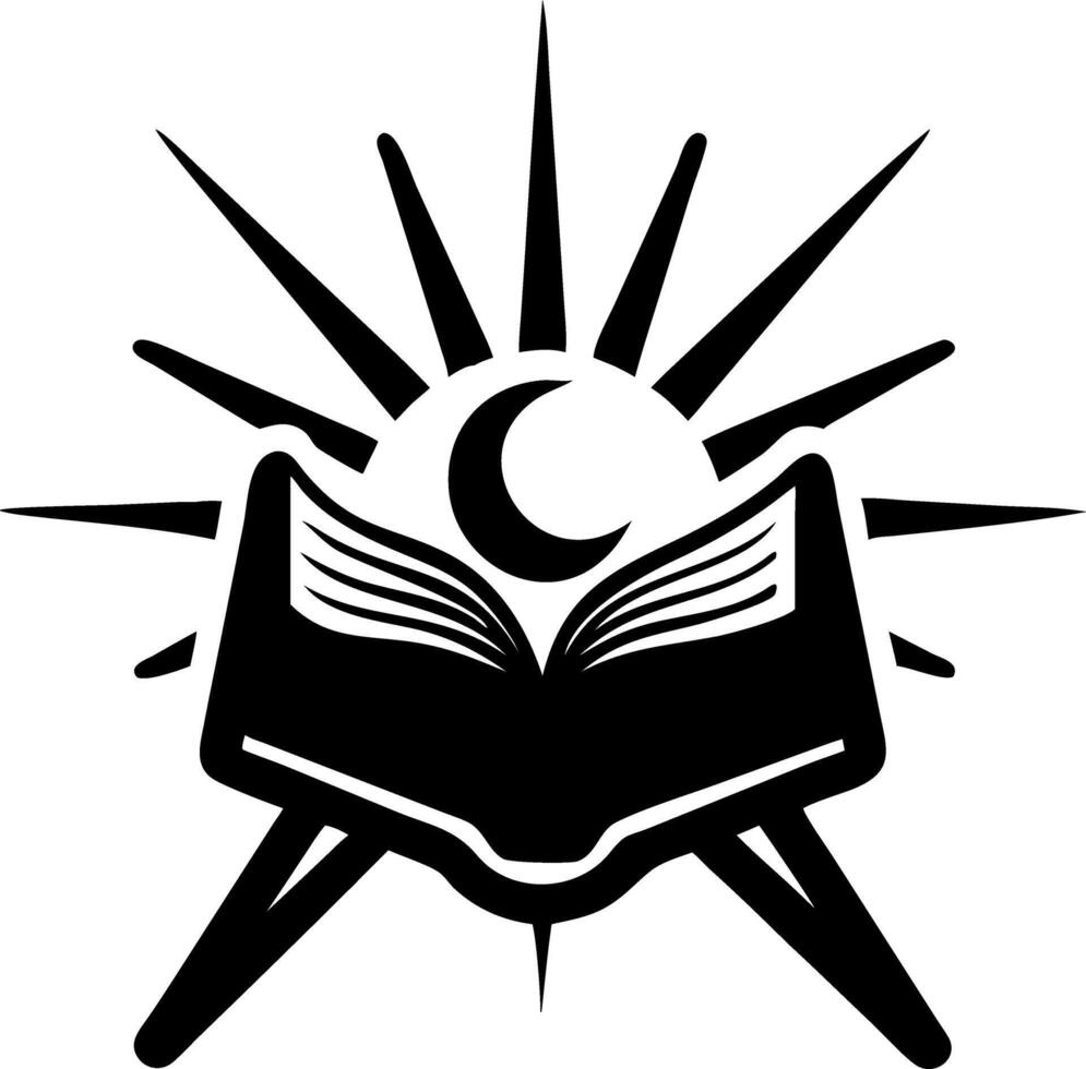 Open Book with Crescent Moon and Radiant Sunburst Symbol Design vector