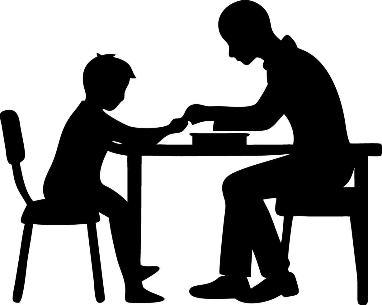 Parent Child Silhouette Interaction at Table Art for Educational Use vector