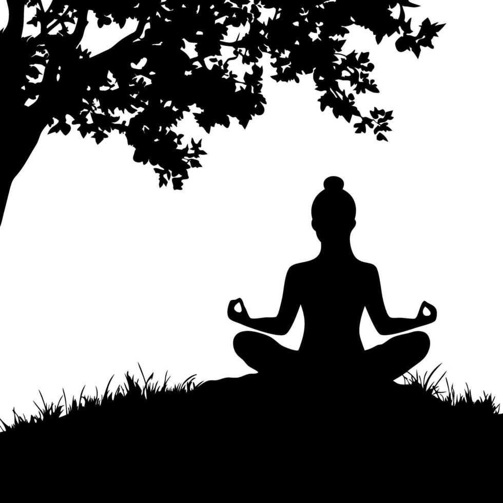 Peaceful Meditation Silhouette Under Tree Art for Yoga and Wellness Design vector