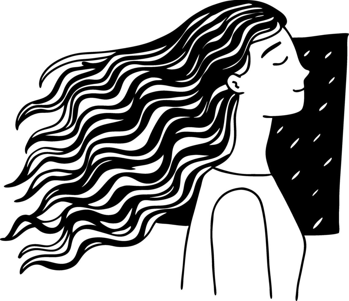 Peaceful Woman Silhouette with Flowing Hair Line Art for Coloring Books and Tattoos vector