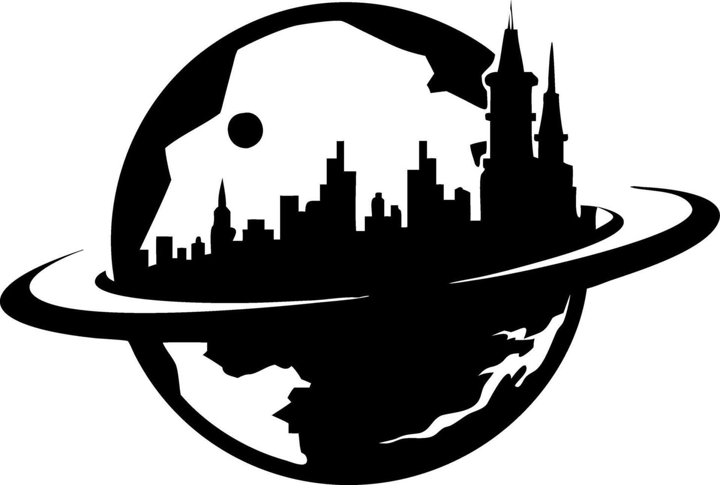 Planetary Cityscape Silhouette with Rings Fantasy Illustration for Creative Design vector