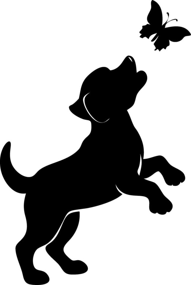 Playful Puppy Silhouette Chasing Butterfly for Art and Crafts vector