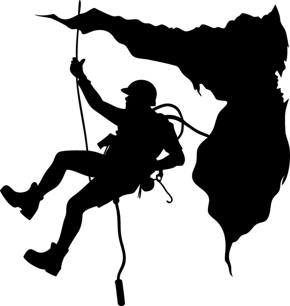 Rock Climber Silhouette Rappelling Down Mountain Illustration for Adventure Art vector