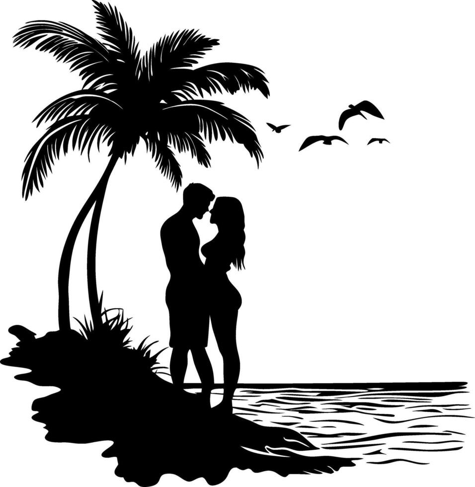 Romantic Beach Silhouette Couple Embrace Under Palm Tree Art vector