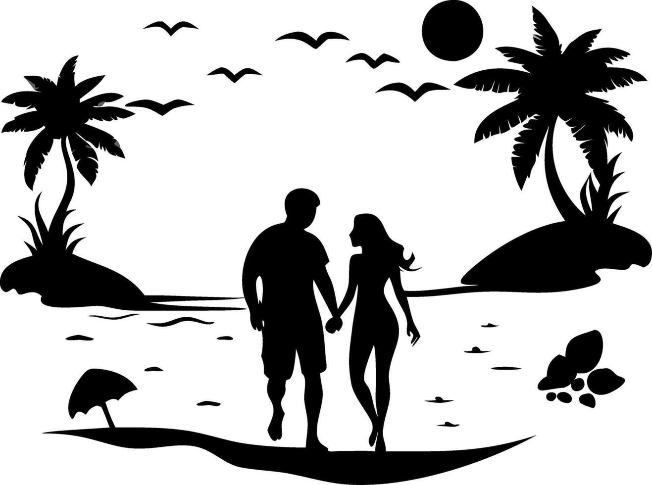 Romantic Beach Sunset Silhouette Couple Walking Under Palm Trees Illustration vector