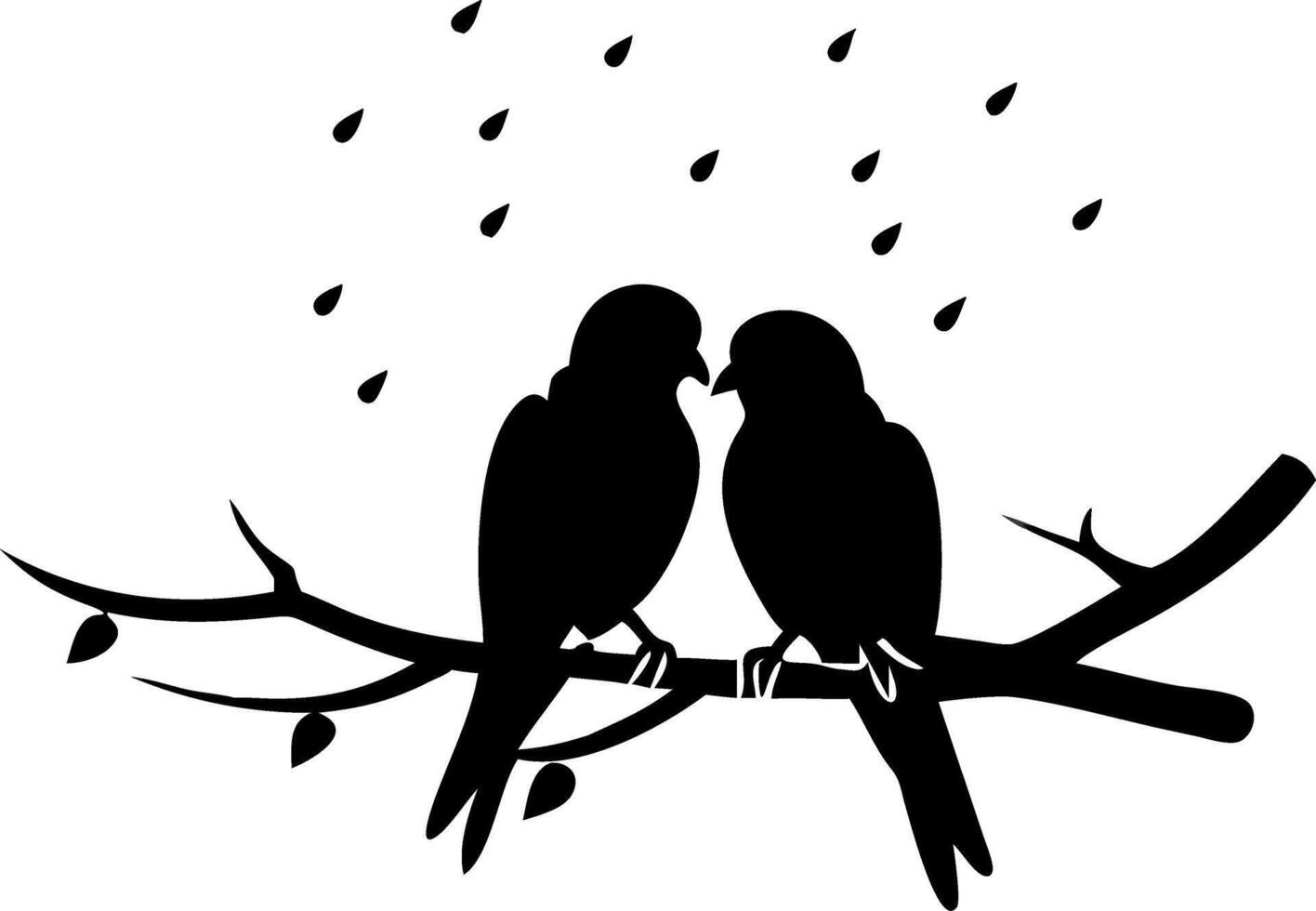 Romantic Birds Silhouette on Branch Under Raindrops Ideal for Tattoos and Greeting Cards vector