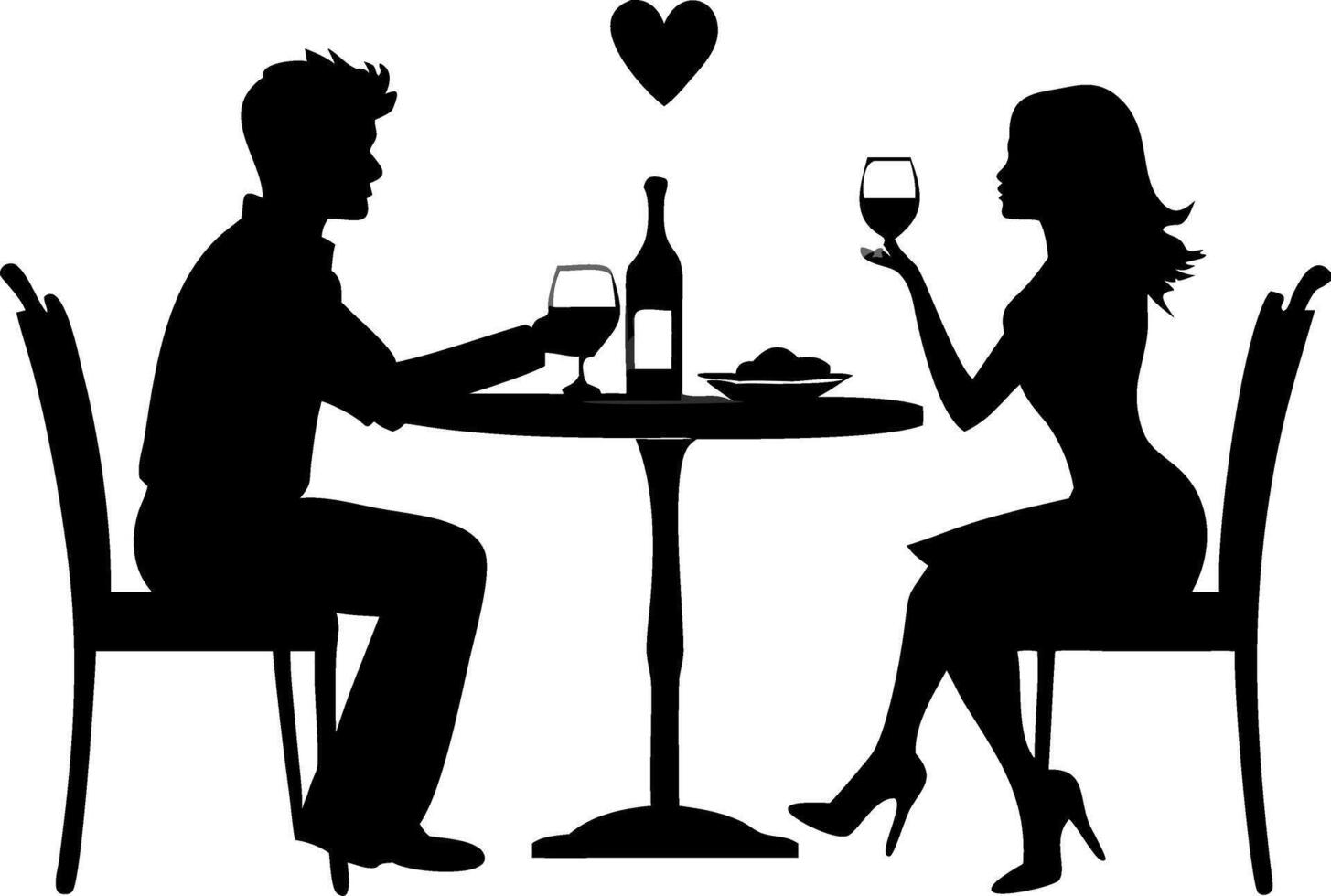 Romantic Couple Dining Silhouette with Wine and Heart for Valentine or Date Night vector