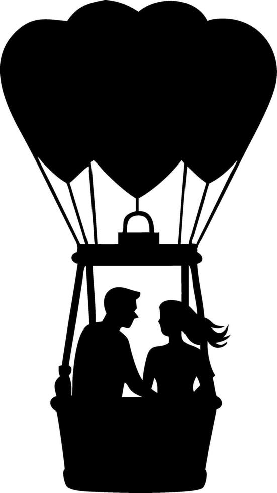Romantic Couple in Heart Balloons Hot Air Balloon Silhouette for Art and Decoration vector