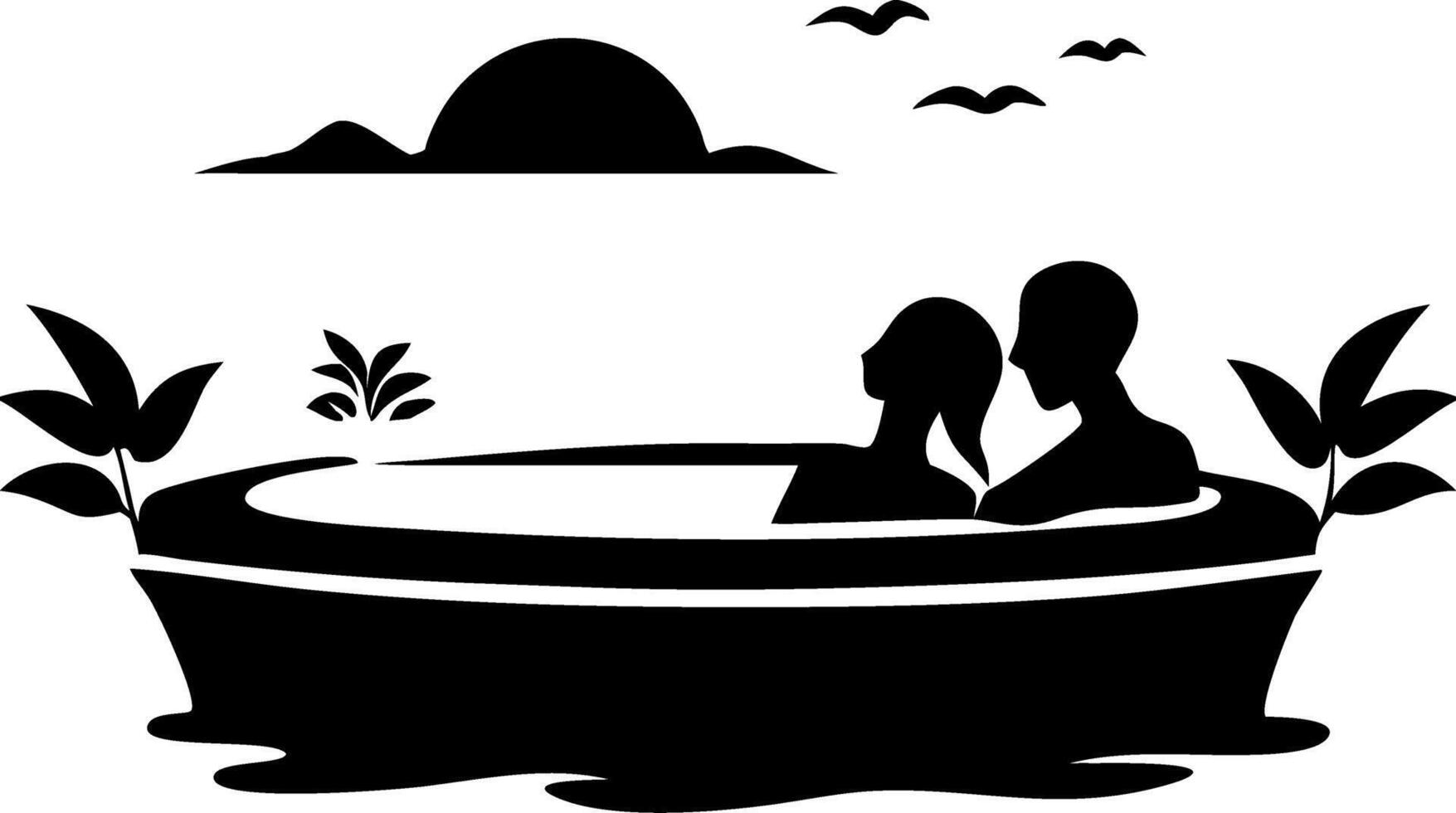 Romantic Couple Relaxing in Hot Tub with Sunset and Nature Silhouette vector