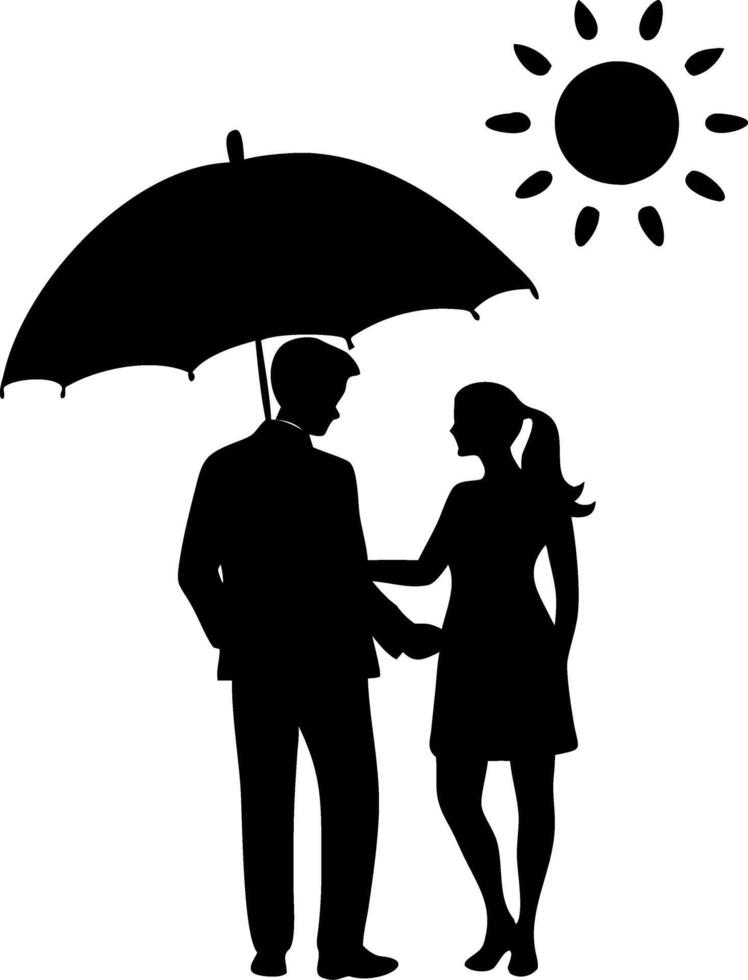 Romantic Couple Sharing Umbrella Silhouette Under Sun Art for Wedding or Card Design vector