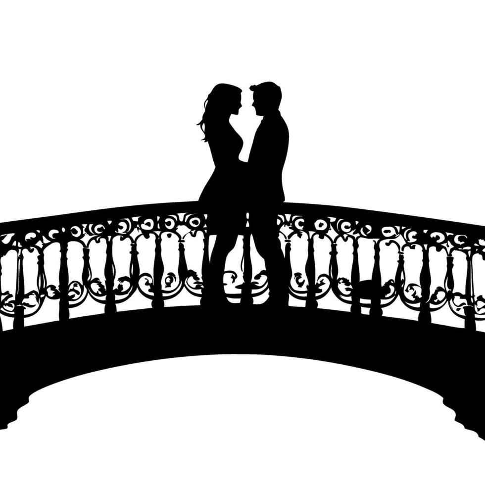Romantic Couple Silhouette Embracing on Decorative Bridge at Sunset vector