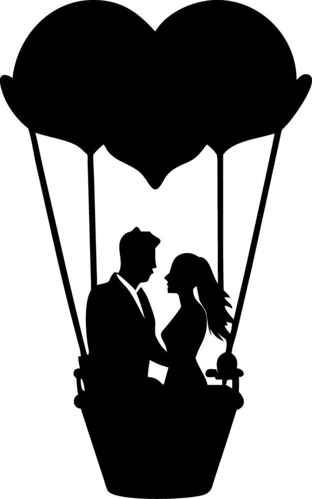 Romantic Couple Silhouette in Heart Shaped Hot Air Balloon for Greeting Cards vector