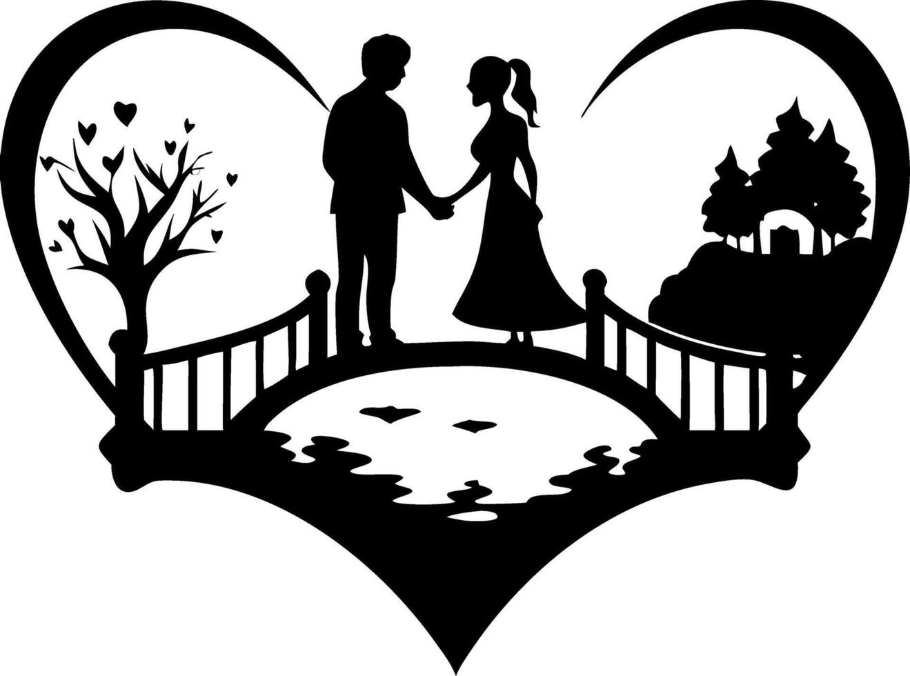 Romantic Couple Silhouette Heart Shape on Bridge for Wedding and Valentine's Designs vector