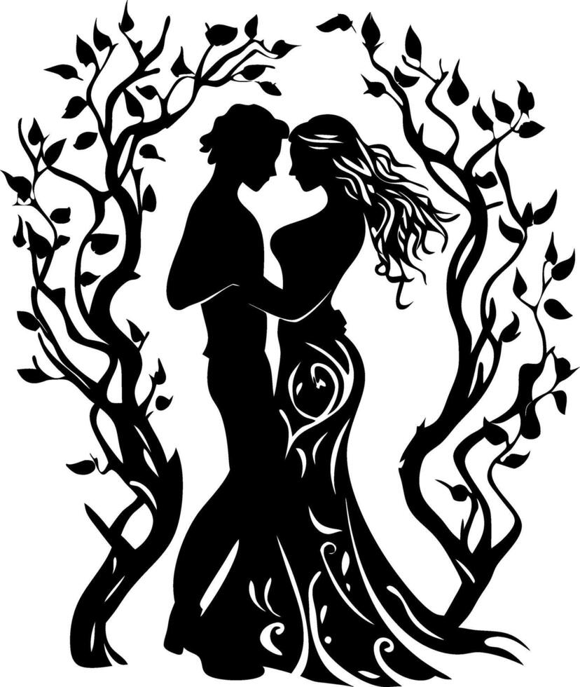 Romantic Couple Silhouette Embracing Amidst Ornate Tree Branches Art vector