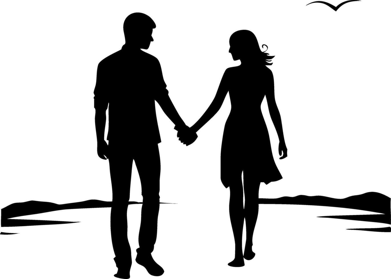 Romantic Couple Silhouette Walking Holding Hands on Beach at Sunset Art vector