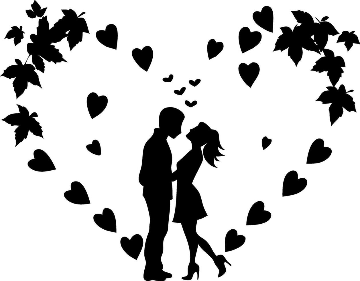 Romantic Couple Silhouette with Heart and Leaf Pattern for Love Illustrations vector