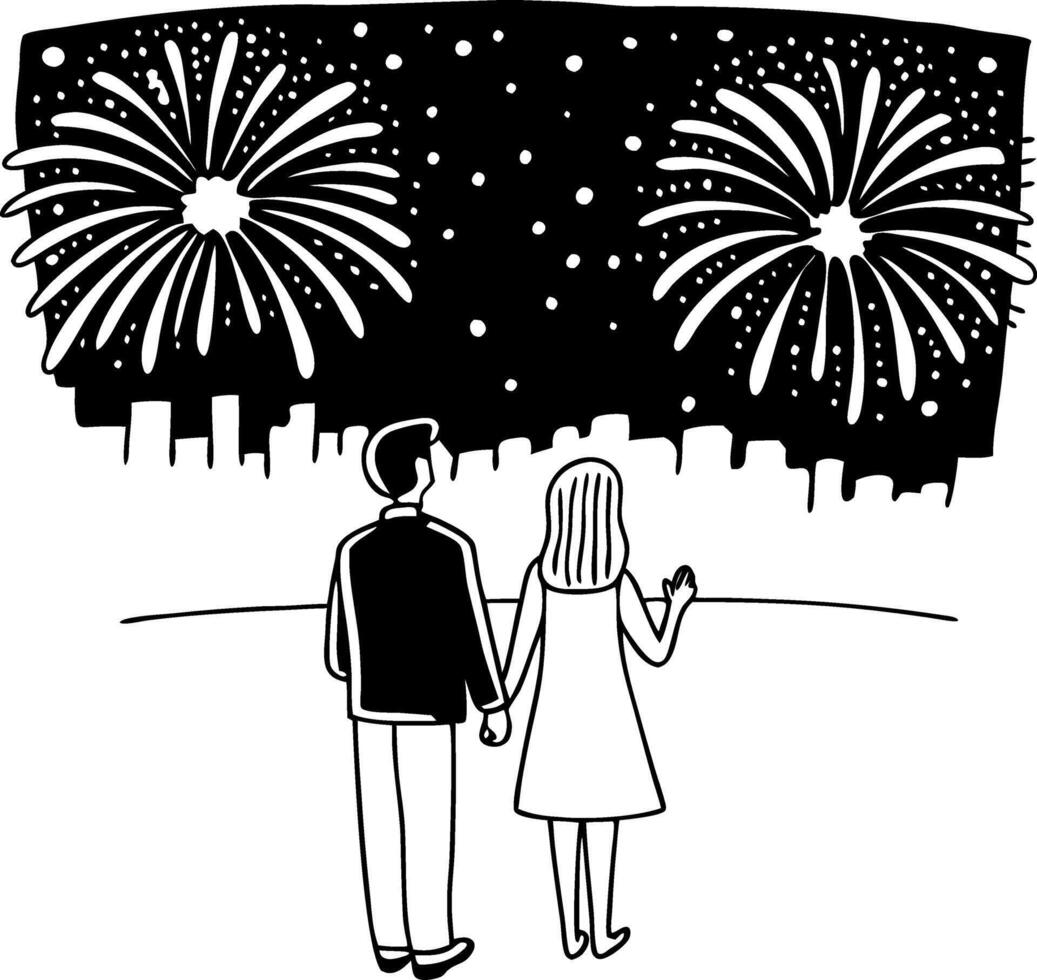 Romantic Couple Watching Fireworks Skyline Night Illustration vector