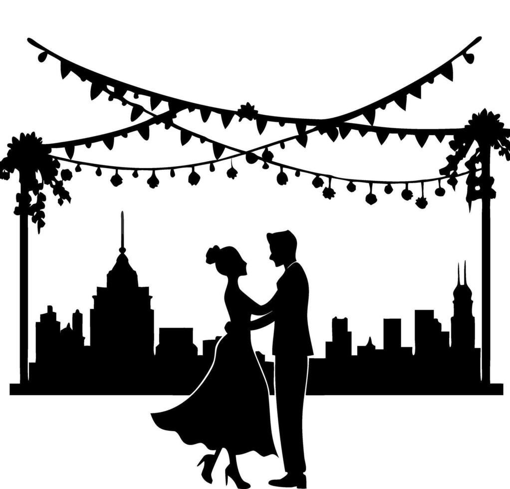 Romantic Dancing Couple Silhouette Under City Lights Illustration vector