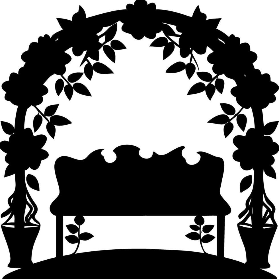 Romantic Floral Archway with Vintage Bench Silhouette for Invitations and Decor vector