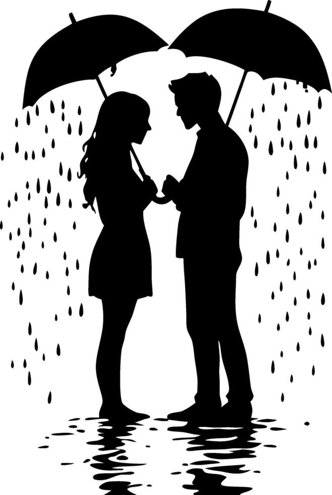 Romantic Silhouette Couple Standing Together Under Umbrellas in Rain Art vector