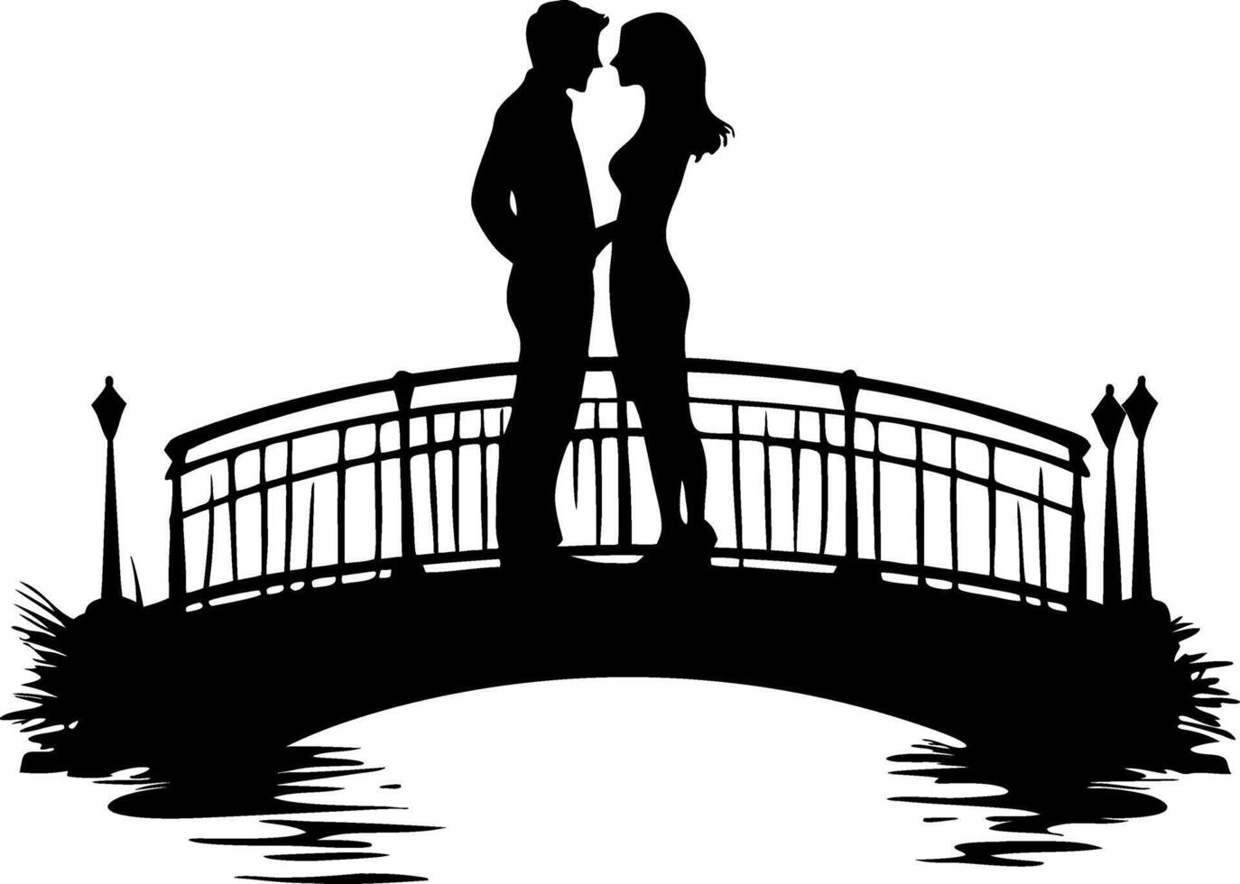 Romantic Silhouette Couple Kissing on Bridge at Sunset Illustration vector