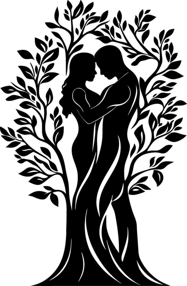 Romantic Silhouette of Couple Embraced as Tree of Life for Art and Design vector