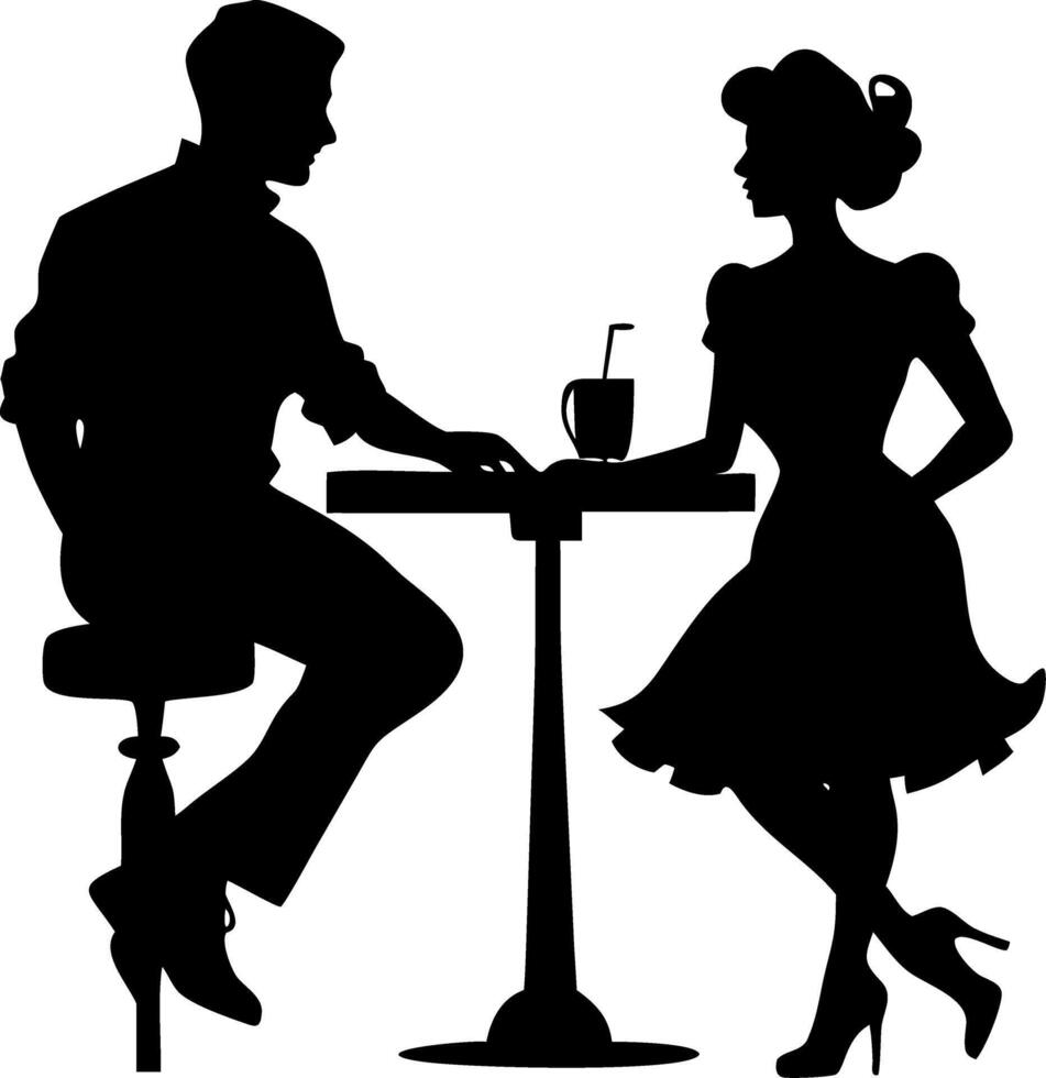 Romantic Vintage Couple Silhouette at Cafe Illustration for Art and Design Projects vector