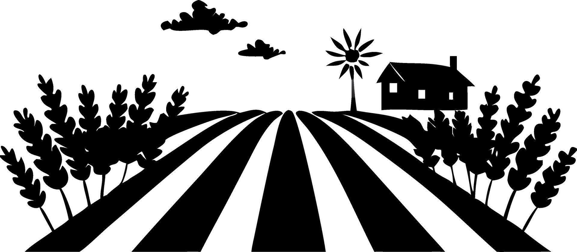 Rural Farming Landscape Silhouette with Fields Windmill and Farmhouse Art vector
