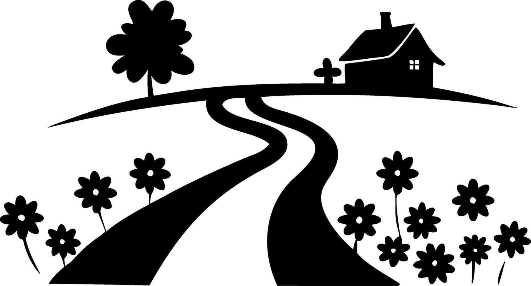 Rural Landscape Silhouette Cottage with Tree and Pathway Illustration vector