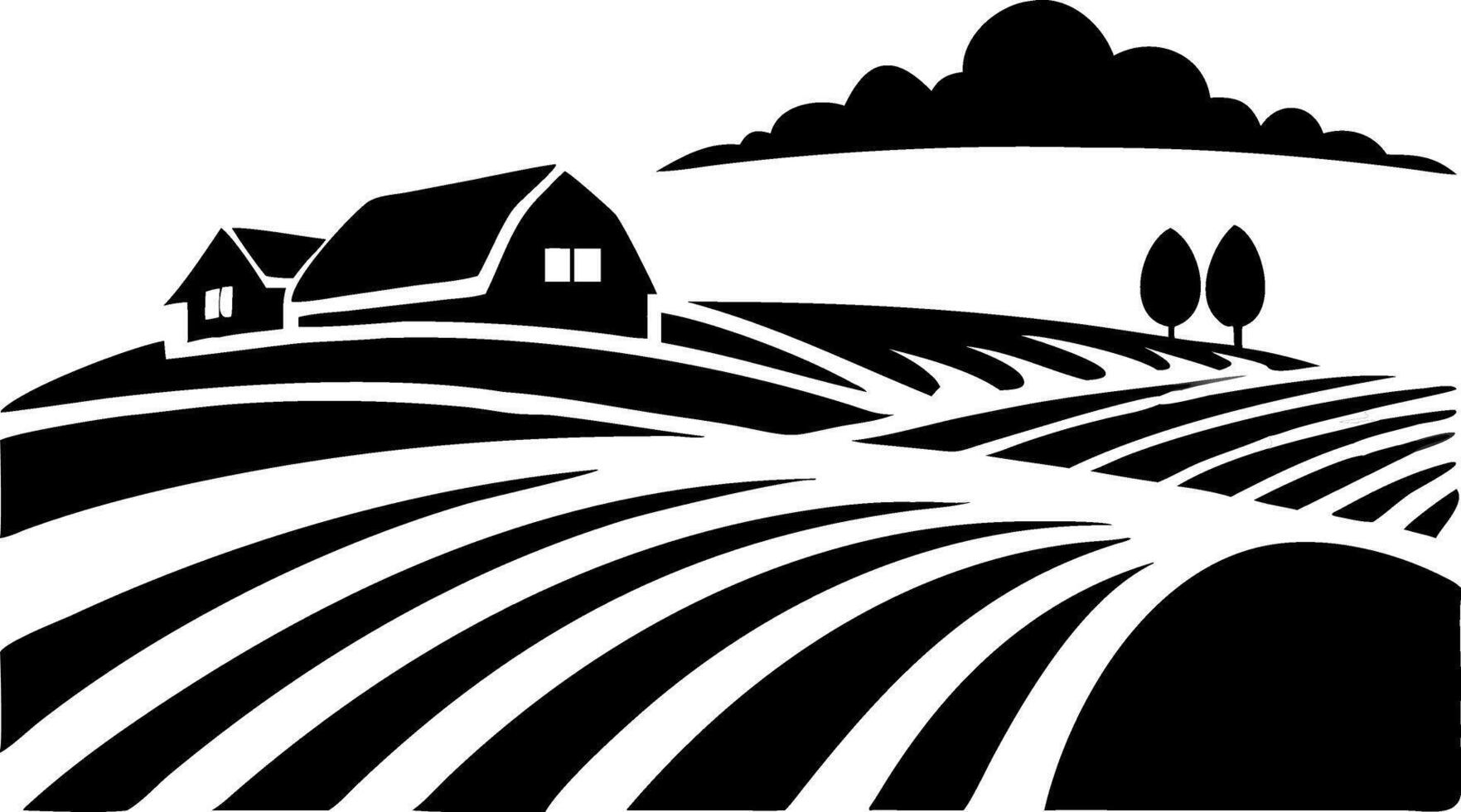 Rustic Farm Silhouette Landscape with Fields and Barn vector