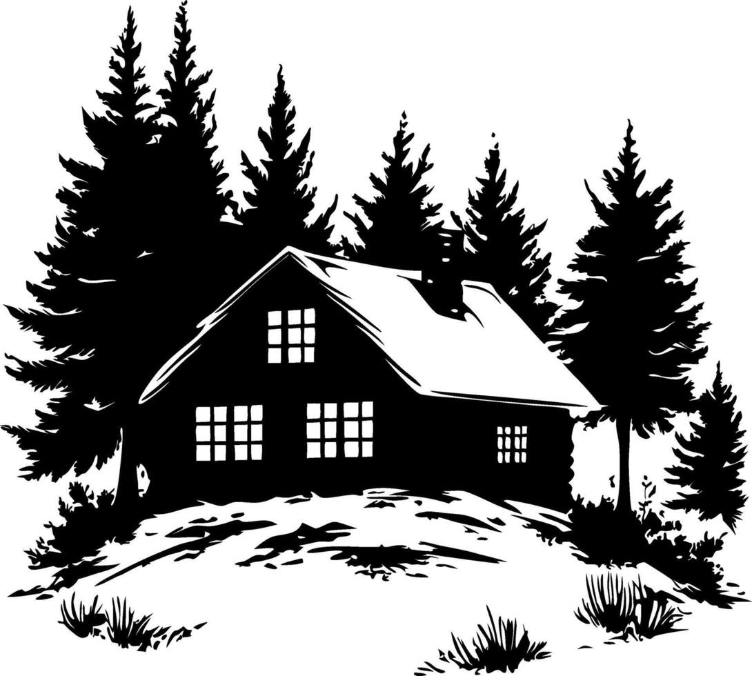 Rustic Cabin Silhouette Surrounded by Pine Trees for Illustrations and Print Design vector