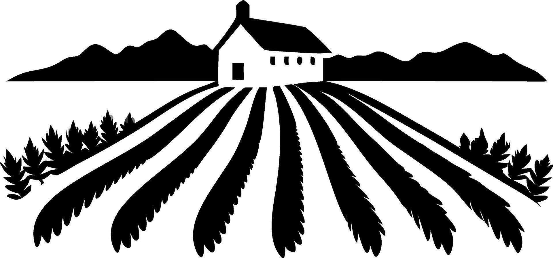 Rustic Farmhouse with Lavender Fields and Mountain Landscape Art vector