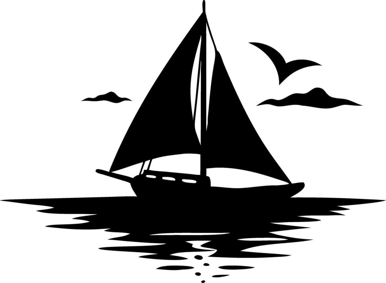 Sailboat Silhouette on Calm Sea with Birds Black for Nautical Design and Decoration vector
