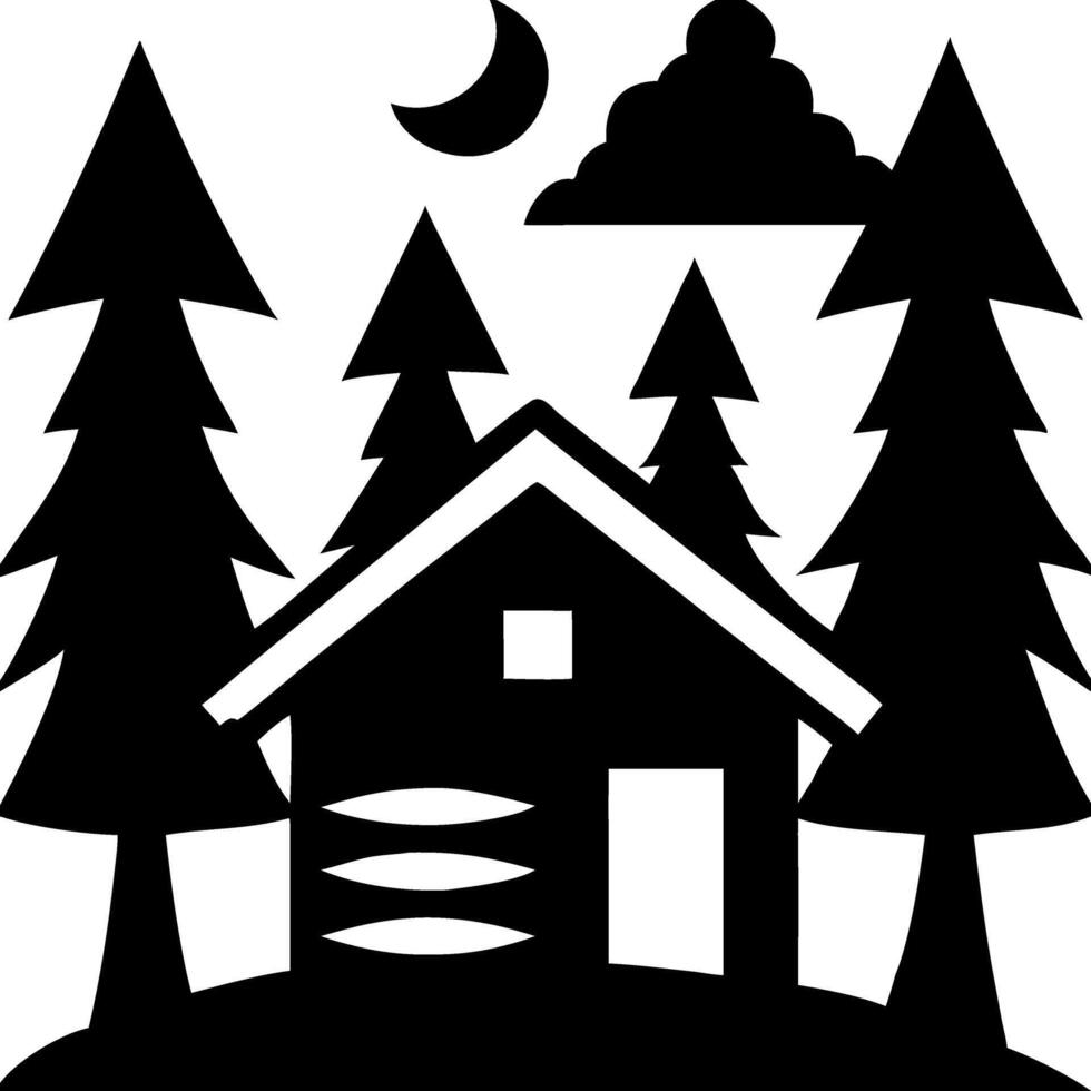 Rustic Woodland Cabin Silhouette with Pine Trees Under Night Sky Illustration vector