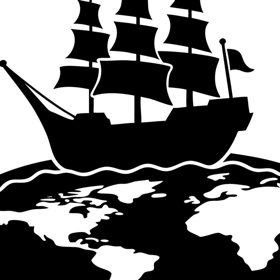 Sailing Ship Silhouette on Globe for Vintage Nautical Designs and Educational Materials vector