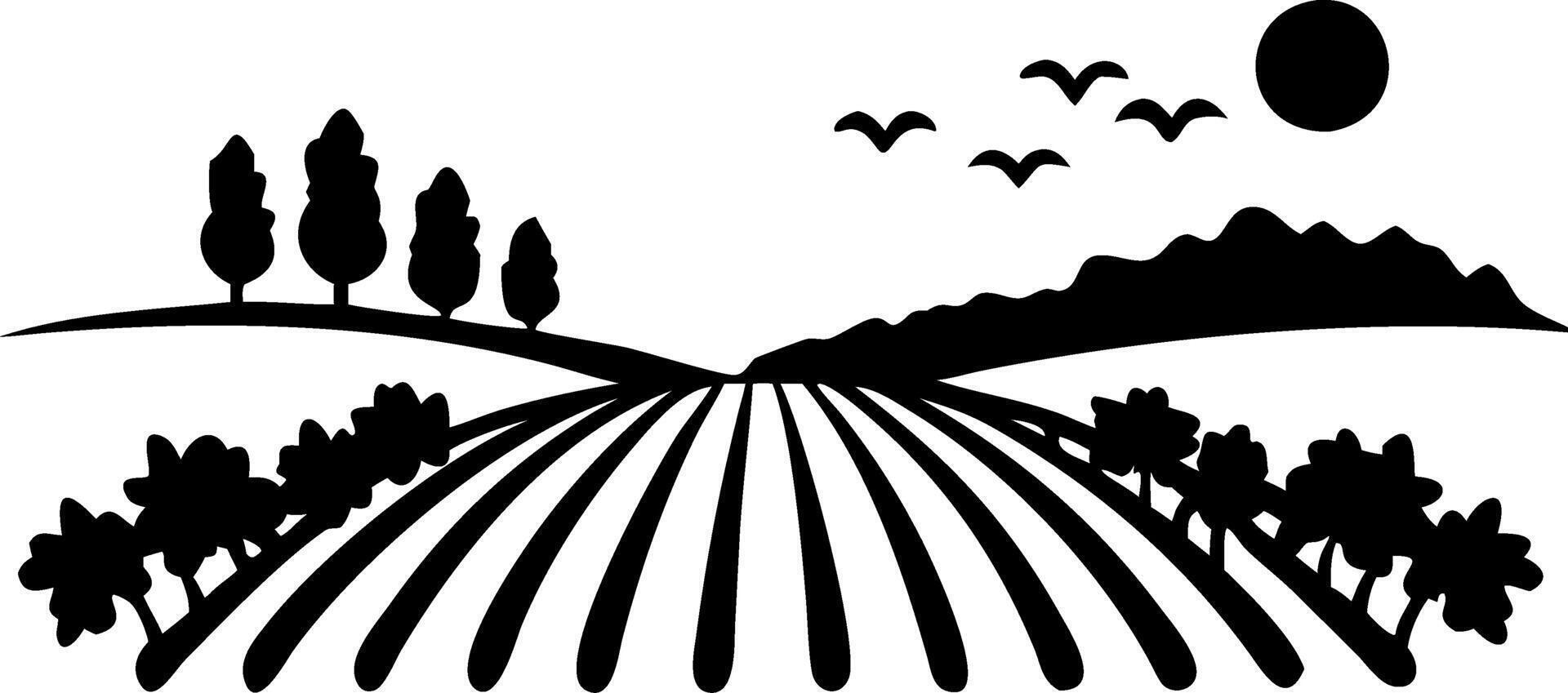 Scenic Countryside Landscape Silhouette with Trees Fields Mountains and Birds vector