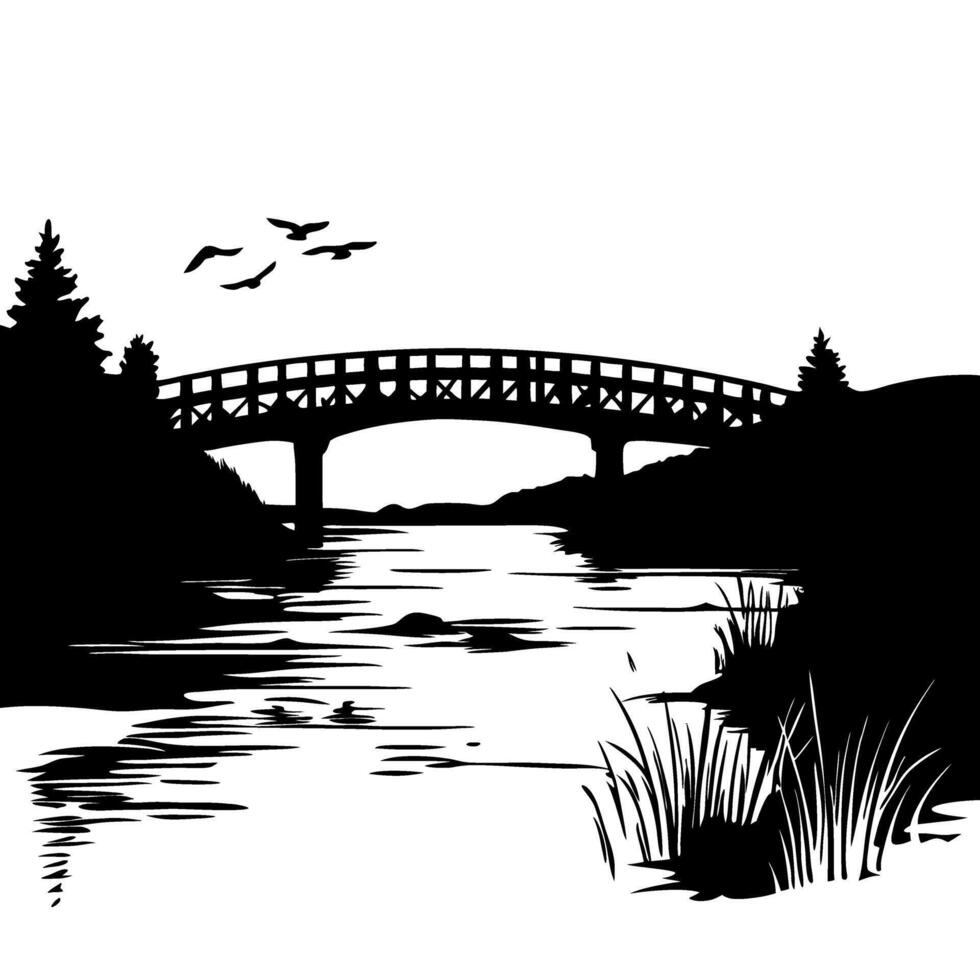 Scenic River Bridge Silhouette with Birds in Tranquil Nature Landscape vector