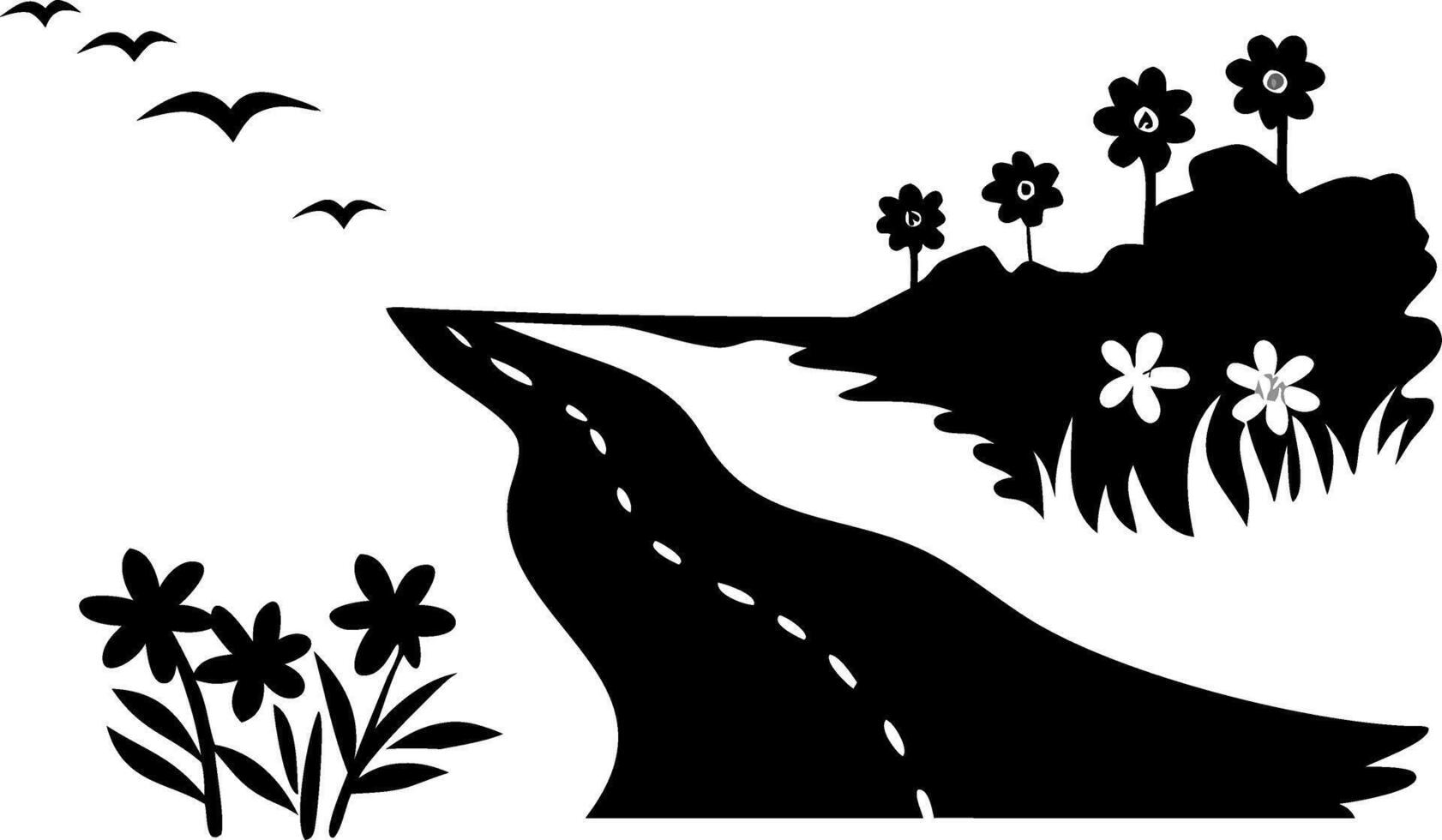 Scenic Nature Road with Flowers and Birds Silhouette Illustration vector