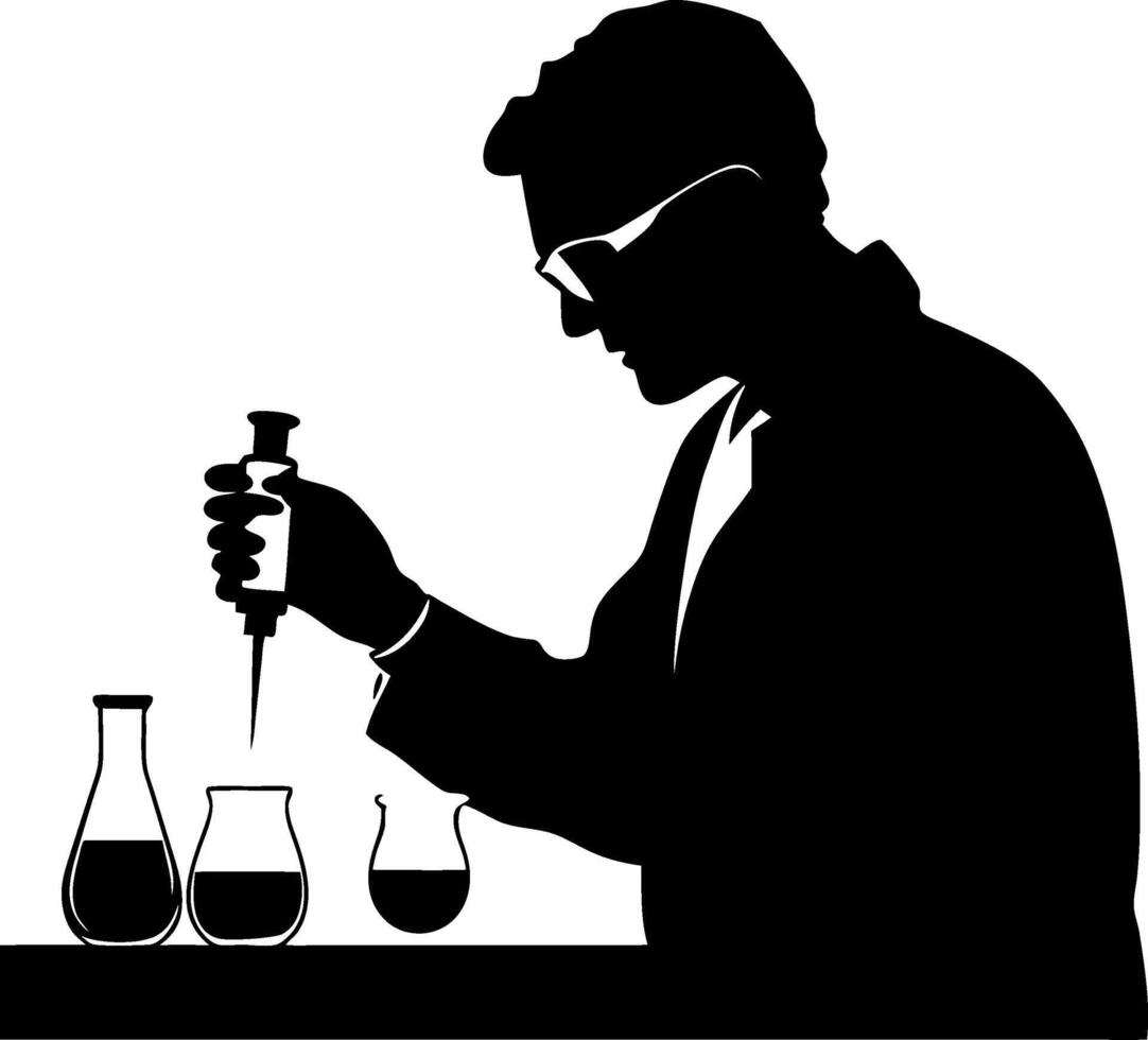 Scientist Silhouette Conducting Laboratory Experiment with Flasks and Pipette vector