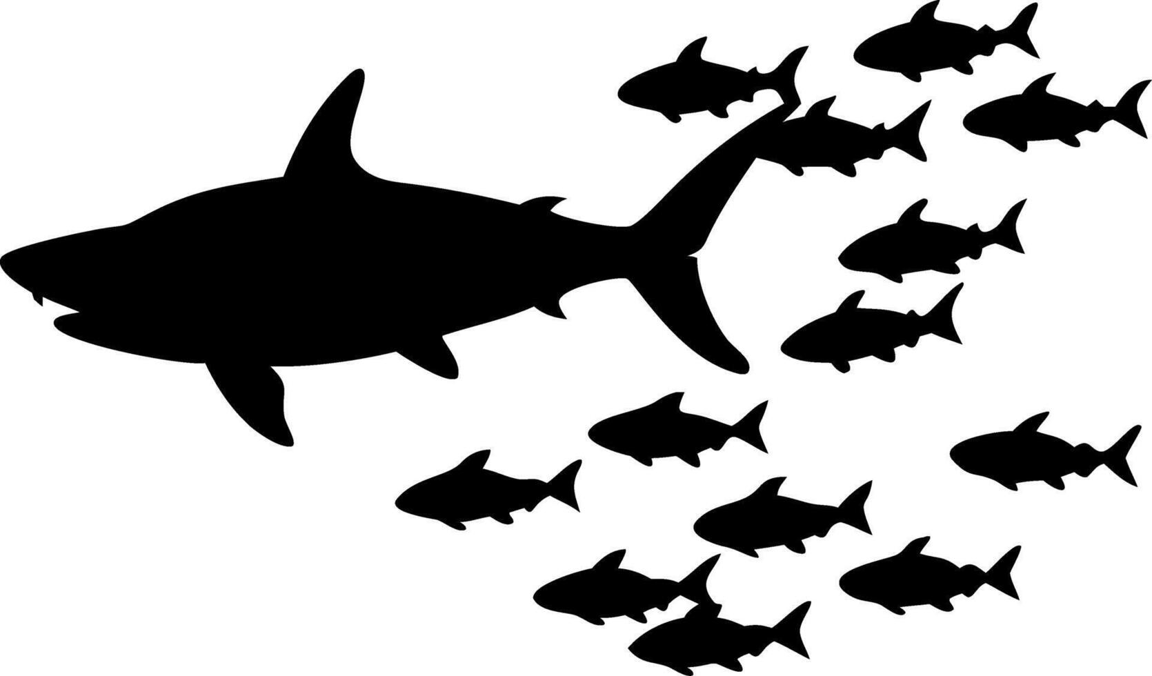 Shark Silhouette Leading School of Small Fish Marine for Education and Tattoo Design vector